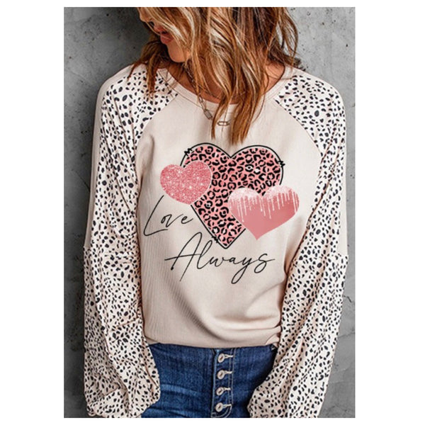 Ashlyn’s LOVE ALWAYS Hugging Hearts Graphics Animal Print Sleeves Beige Sweater Top