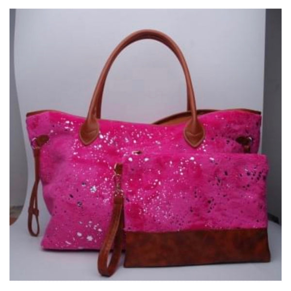 Special~Furry Vibrant Pink with Silver Specs Tote Bag and Clutch Set