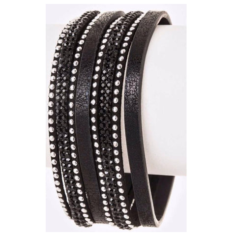 Black Crystal Mix Magnetic Closure Leather Bracelet