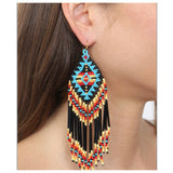 Ashlyn’s Black Turquoise Mix Aztec Fringe Drop Seed Bead Earrings-Western-Navajo