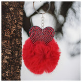 Red Crystal Heart Puffy Puff Ball Keychain,Purse Charm