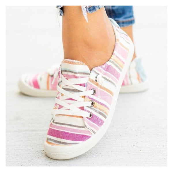 Closeout! Crazy Cute Lace Up Pink Striped Sneakers