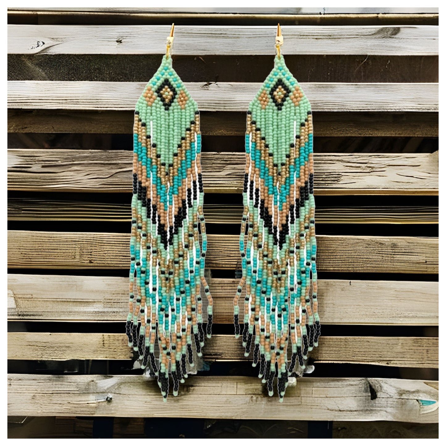 Ashlyn’s Mint Tan Mix Aztec Fringe Drop Seed Bead Earrings-Western-Navajo