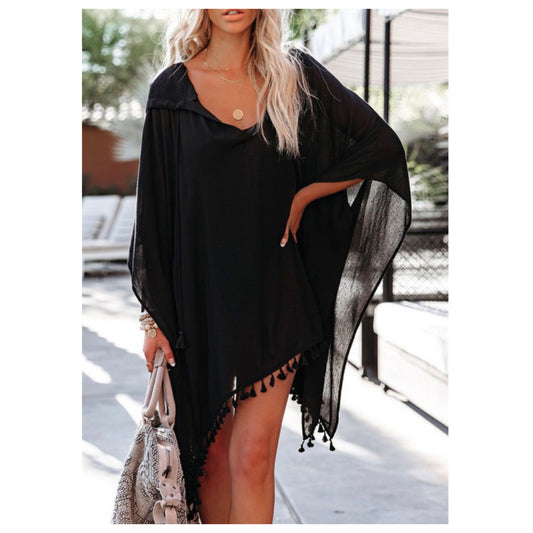 Ashlyn’s Tassel Oversized Black Hooded Swimsuit Cover Up