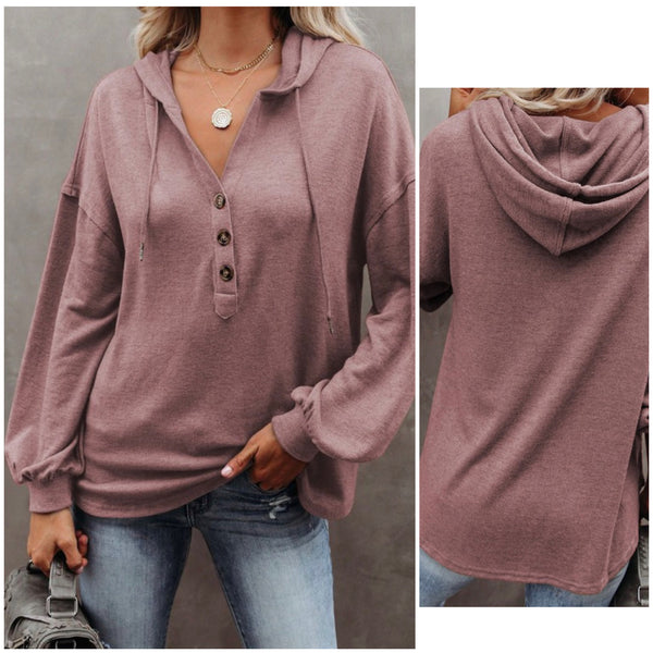 Crazy Cute Button Detail V Neck Women’s Hooded Henley-Top-Multiple Colors