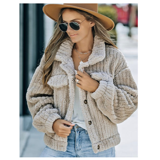 Ashlyn’s Cuddly Soft Plush Khaki Button Up Jacket-Women’s Outerwear