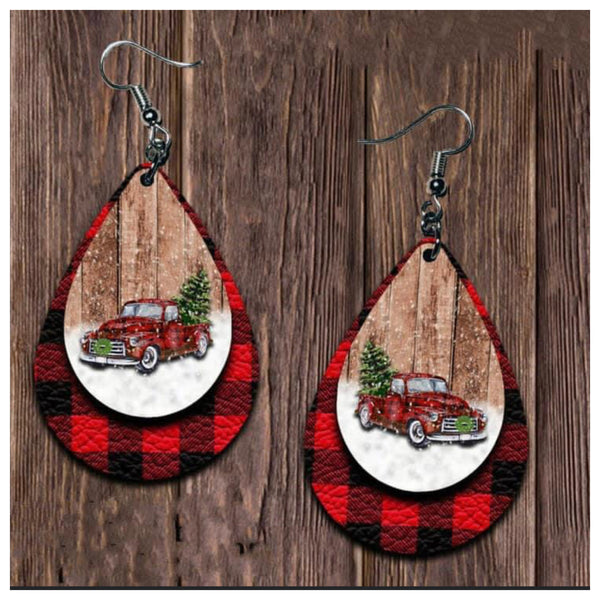 Iconic Red Truck & Tree Red Buffalo Plaid Leather Earrings-Jewelry