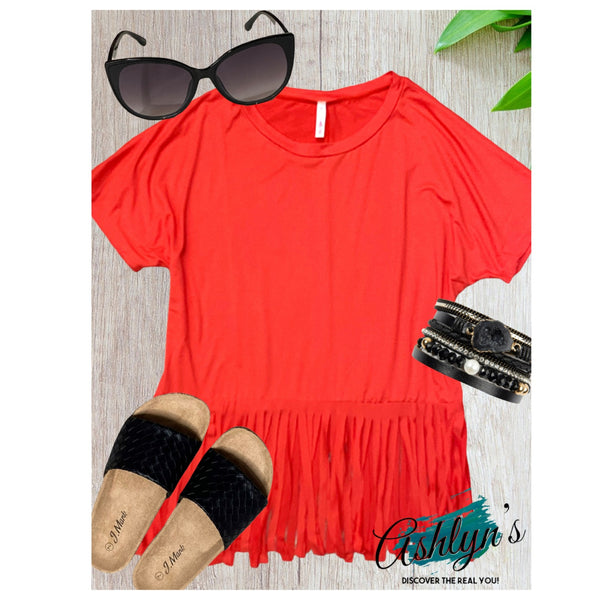 Closeout-Ashlyn’s Hippie Days Coral Red Fringe Top