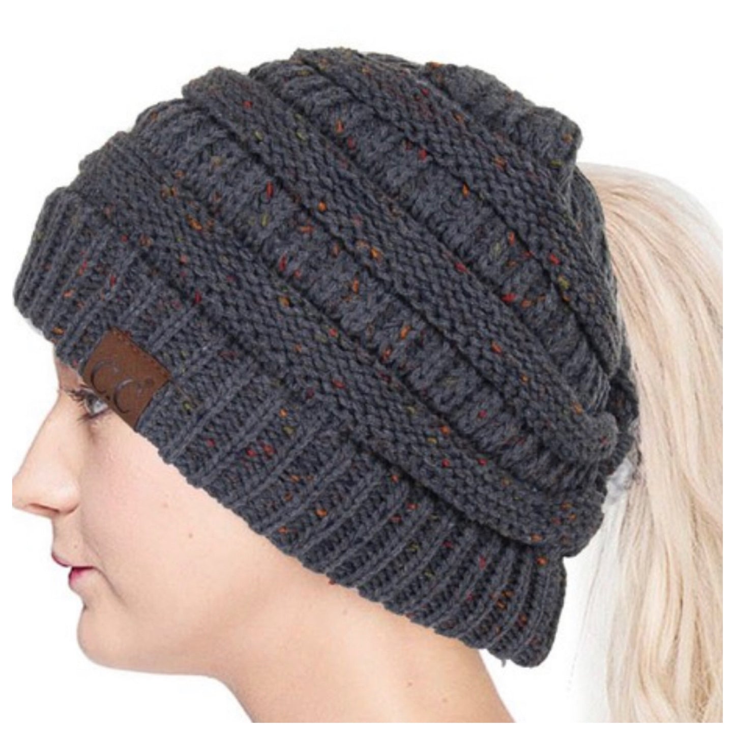 Cozy Cute Confetti Messy Bun CC Beanie, Pony Tail