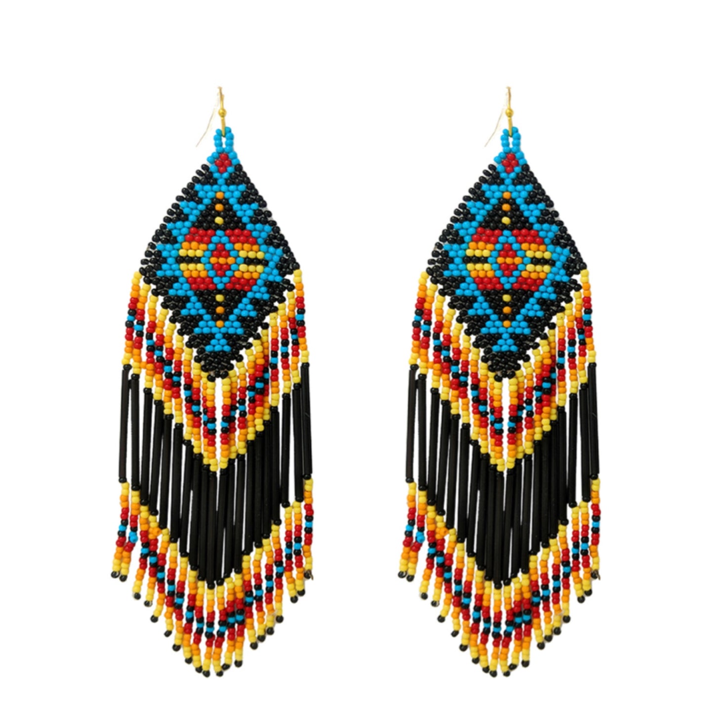 Ashlyn’s Black Turquoise Mix Aztec Fringe Drop Seed Bead Earrings-Western-Navajo