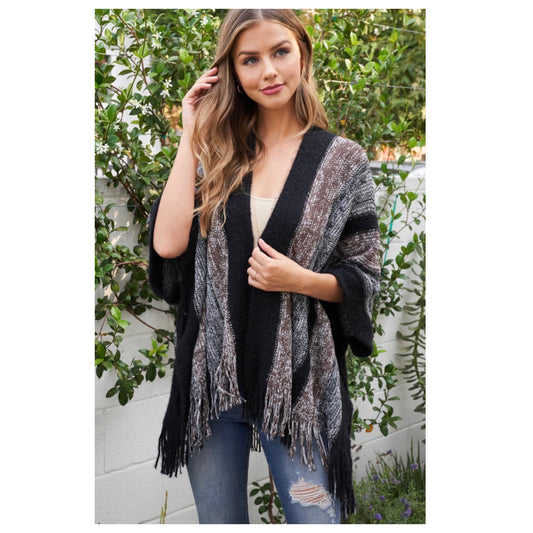 Darling Black Brown Gray Knit Fringe Trim Ruana-Women’s-Poncho-Shawl