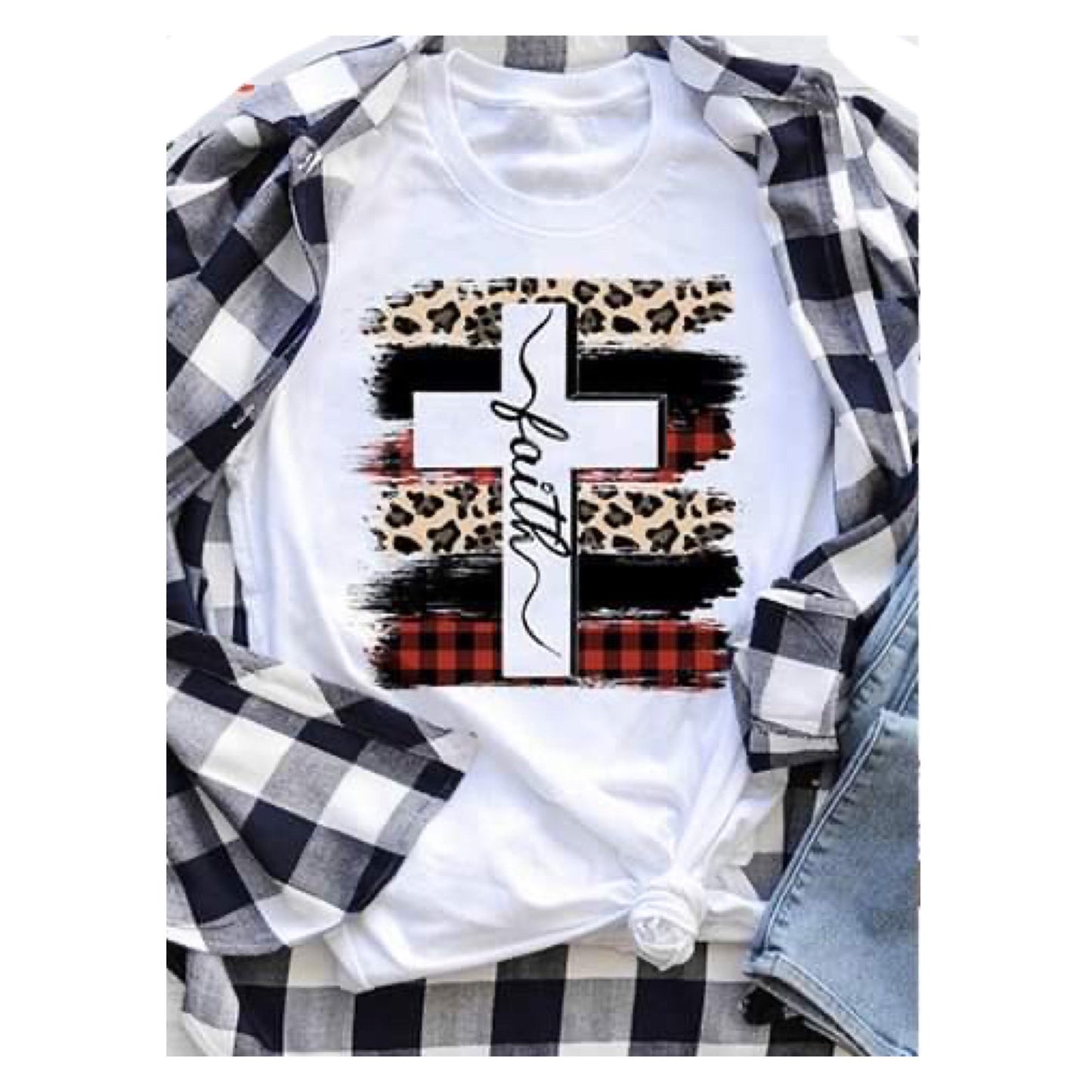 Special! Adorable Leopard, Buffalo Plaid FAITH Cross Ivory Top
