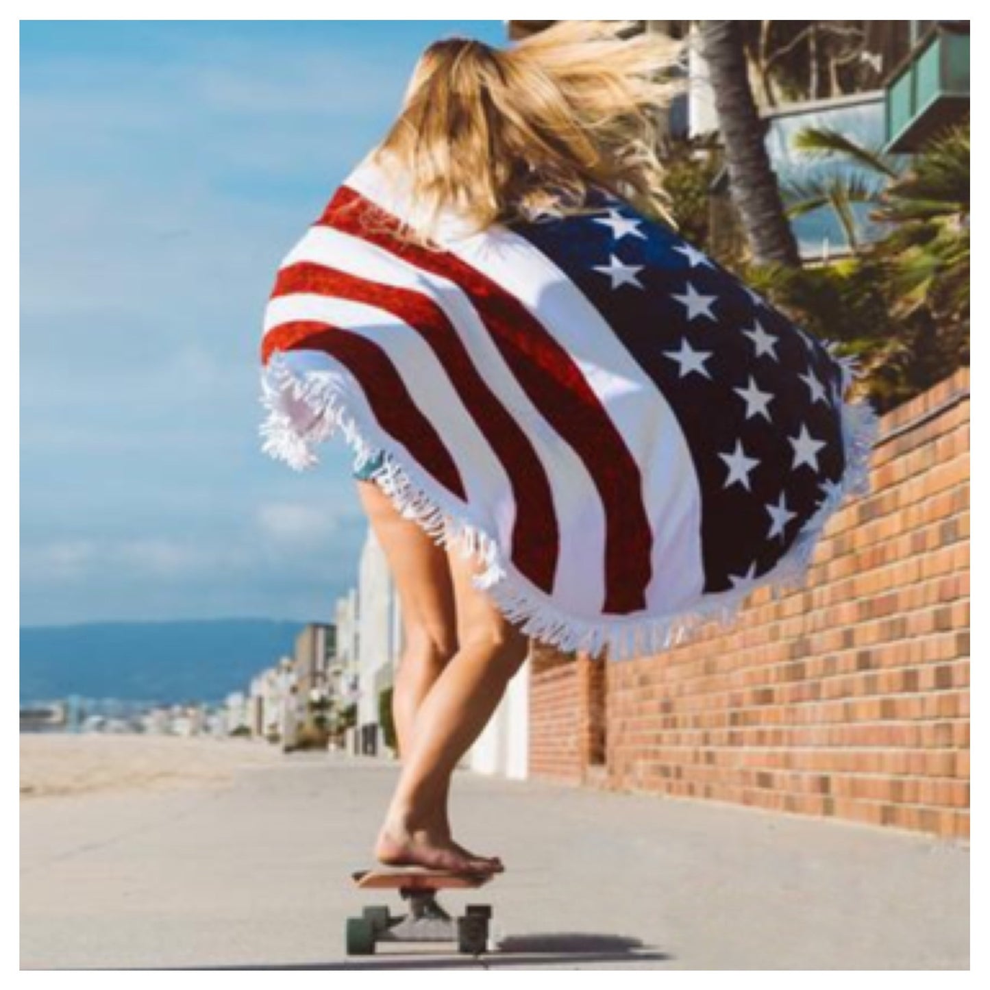 “Fun in the Sun" Fringe Trim American Flag Round Beach Towel