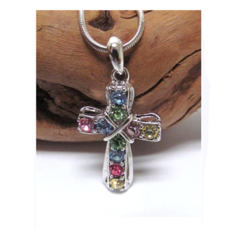 Beautiful Eye Catching Colorful Crystal Accent Cross Pendant Necklace - Cheryl's Galore and More