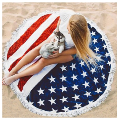 “Fun in the Sun" Fringe Trim American Flag Round Beach Towel