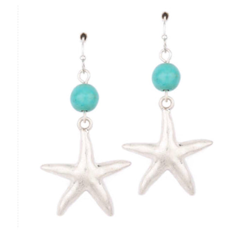 "Sea Life" Silver Starfish Turquoise Semi Precious Stone Dangle Earrings - Cheryl's Galore and More
