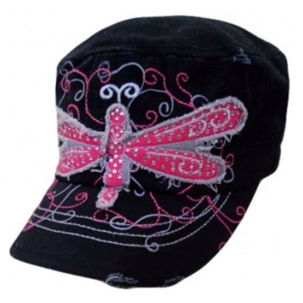 Adorable Pink Dragonfly Crystal Accented Black Hat, Cadet Hat, Women's Accessories - Cheryl's Galore and More